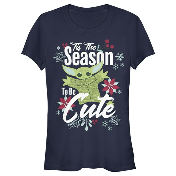 Junior's Star Wars: The Mandalorian Christmas The Child Cute Season Graphic Tee Navy Blue 2X Large