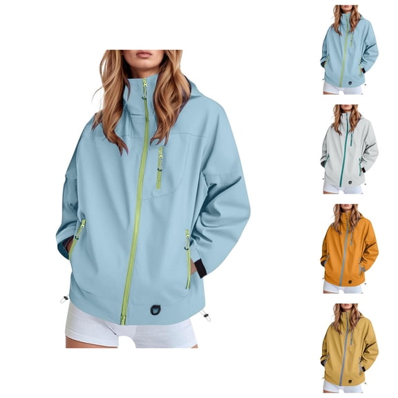 Windbreaker Jacket Women 2025 Fall Casual Color Block Outdoor Windproof Zip Up Hooded Jackets with Pockets Outerwear