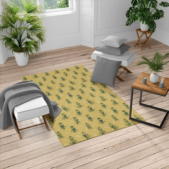 Owl Turkish Area Rug, Cartoon Style Illustration of Birds on the Branches Mysterious Woods Print, Soft Carpet for Living Room Decor with Distressed Look, 5.2' X 7.6', Dark Mustard, by Ambesonne