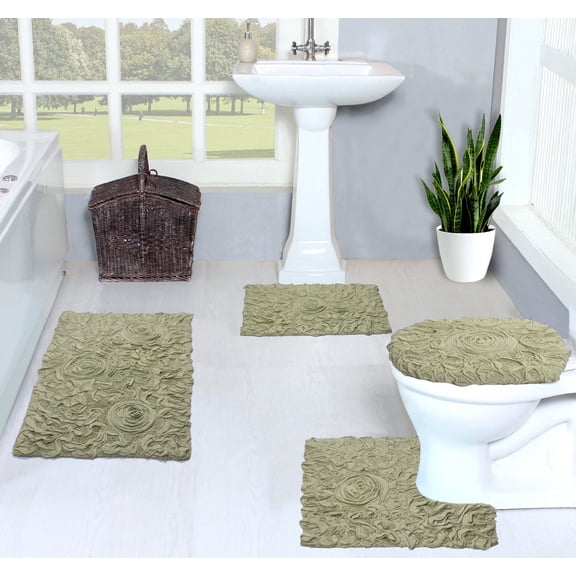 Home Weavers Bell Flower Collection 100% Cotton Non-Slip Bathroom Rug Set Machine Washable Toilet Lid Cover, Bath Rug, Bathroom Rug, U Shaped Contour, Green Color 4 Piece Bath rug set