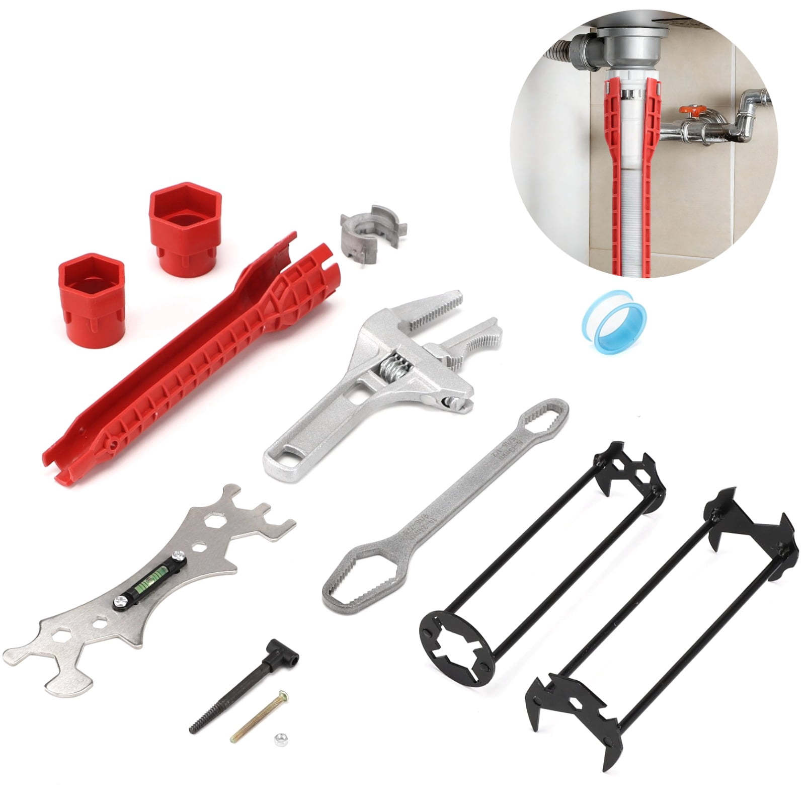 6PCS Basin Wrench Set, 8-in-1 Faucet Spanner for Sink Bathroom , 8-32 mm Adjustable Basin Wrench, Under Sink Tight Space Wrench with Thread Seal Tape and Screw