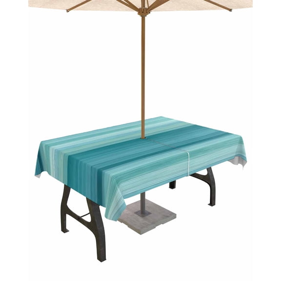 Hokiten Outdoor Tablecloths with Umbrella Hole & Zipper, Teal Turquoise Aqua Ombre Rectangle Tablecloth 52x70 Inch, Contemporary Abstract Lines Waterproof Table Cloth, Patio/Pool/Picnic Table Covers