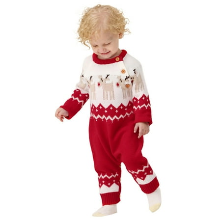 

Douhoow Baby Christmas Sweater Jumpsuit Unisex Infant Elk Printed Knitted Romper