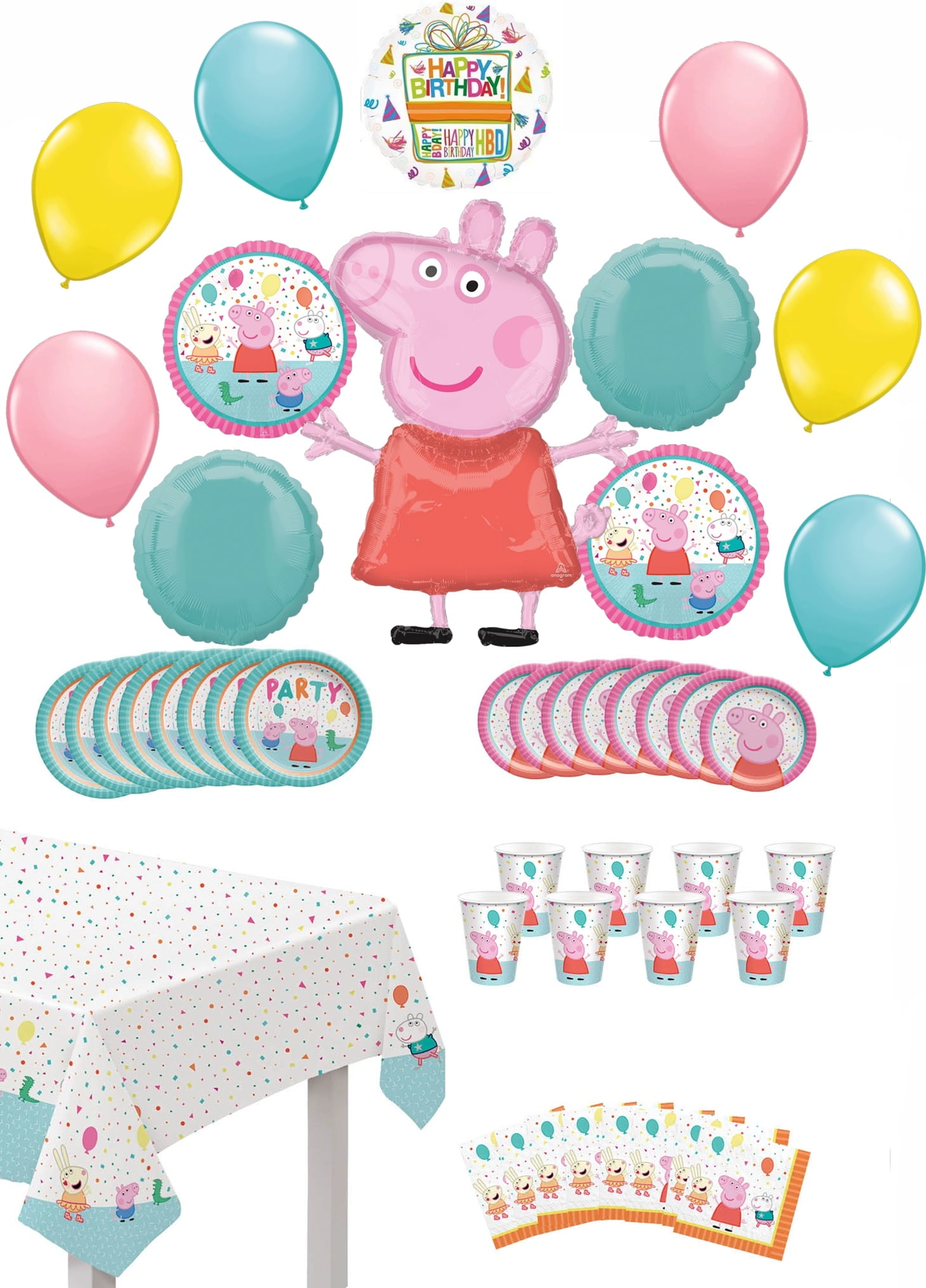 Party Favors for Boys and Girls Cupcake Toppers Latex Balloons 55pcs Peppa Pig Birthday Party Supplies for Kids Foil Balloon and Temporary Tattoos Cake Topper With Birthday Decorations Banner 