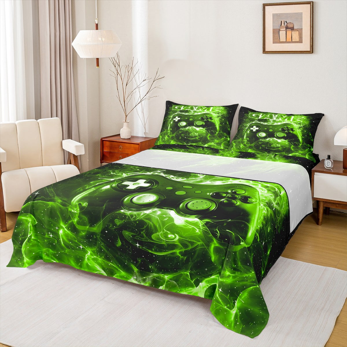 Castle Fairy Boys Gradient Gamer 4 Pieces Queen Sheet Sets Video Game Ultra Soft Flat Sheet Black Green Queen Fitted Sheet Lightweight Room Decor