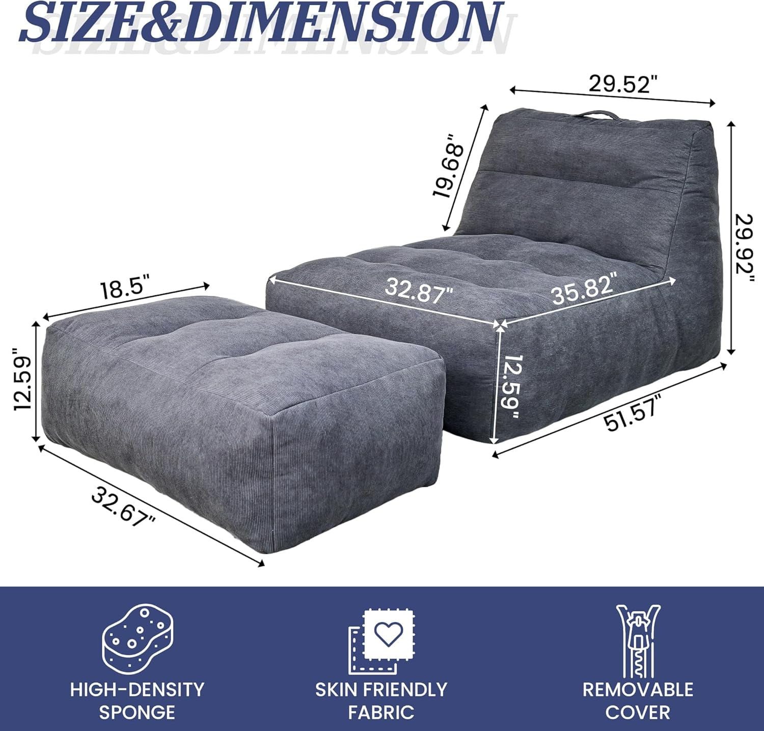 Bean Bag Chair with Ottoman, Giant Bean Bag Chairs for Adults with Memory Foam,  Bean Bag Sofa for Bedroom, Lounge Beanbag of Reading and Gaming with Filler Included(Gray)