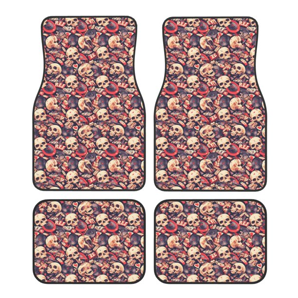 Fotbe Skull rock record artist Juego de 4 Tapetes para Auto con Estampado – Alfombrillas de Goma Reforzada, Diseño Antideslizante, Protección para Todo el Año – Vehículos, Autos, Camionetas y SUVs
