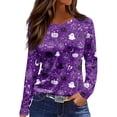 thumbnail image 2 of Yuaguia Women Halloween Elements Print Long Sleeve T-Shirt, Spooky Side Split Crewneck Casual Autumn Fall Top for Daily Wear, Work, and Holiday Parties, Dark Purple 2XL, 2 of 5