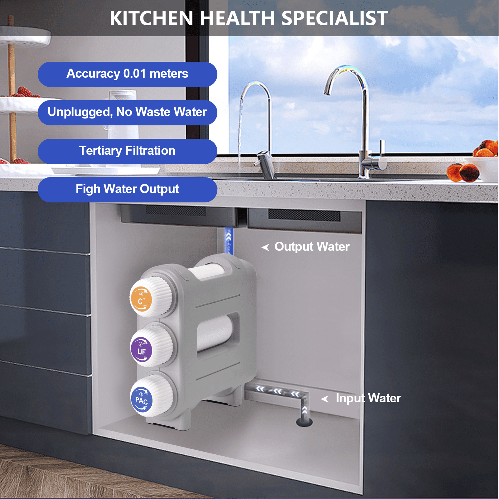 Under Counter Water Filter, 3-Level Filter Water Purifier, Reduces Chlorine Gas and Particulate Matter, Directly Connected to Kitchen or Bathroom Faucet