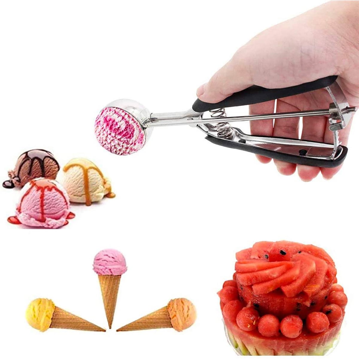 Kepooman Stainless Steel Ice Cream Scoop Set with Trigger for Cooking Baking, Set of 3, Large-Medium-Small Size, Black Kepooman Stainless Steel Ice Cream Scoop Set with Trigger for Cooking Baking, Set of 3, Large-Medium-Small Size, Black