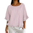 thumbnail image 2 of Qulqfy Crew Neck Womens Blouse Short Sleeve Striped Loose Casual Ruffle Boho Spring Summer Trendy Ladies Tops and Blouses Pink L, 2 of 8