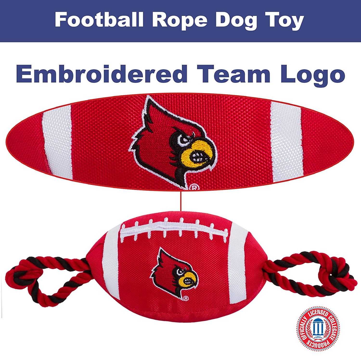 Pets First NCAA Louisville Cardinals Strong, Durable, Chewable Football Dog Toy with Inner Squeaker and Side Ropes, Officialy Licensed