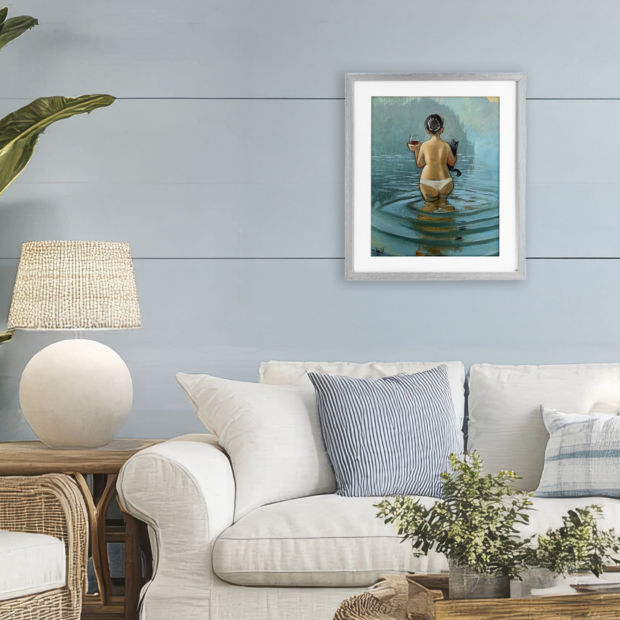 Stupell Industries Cat & Wine Dip At Twilight Gray Framed Print Under Glass, design by Ronald West