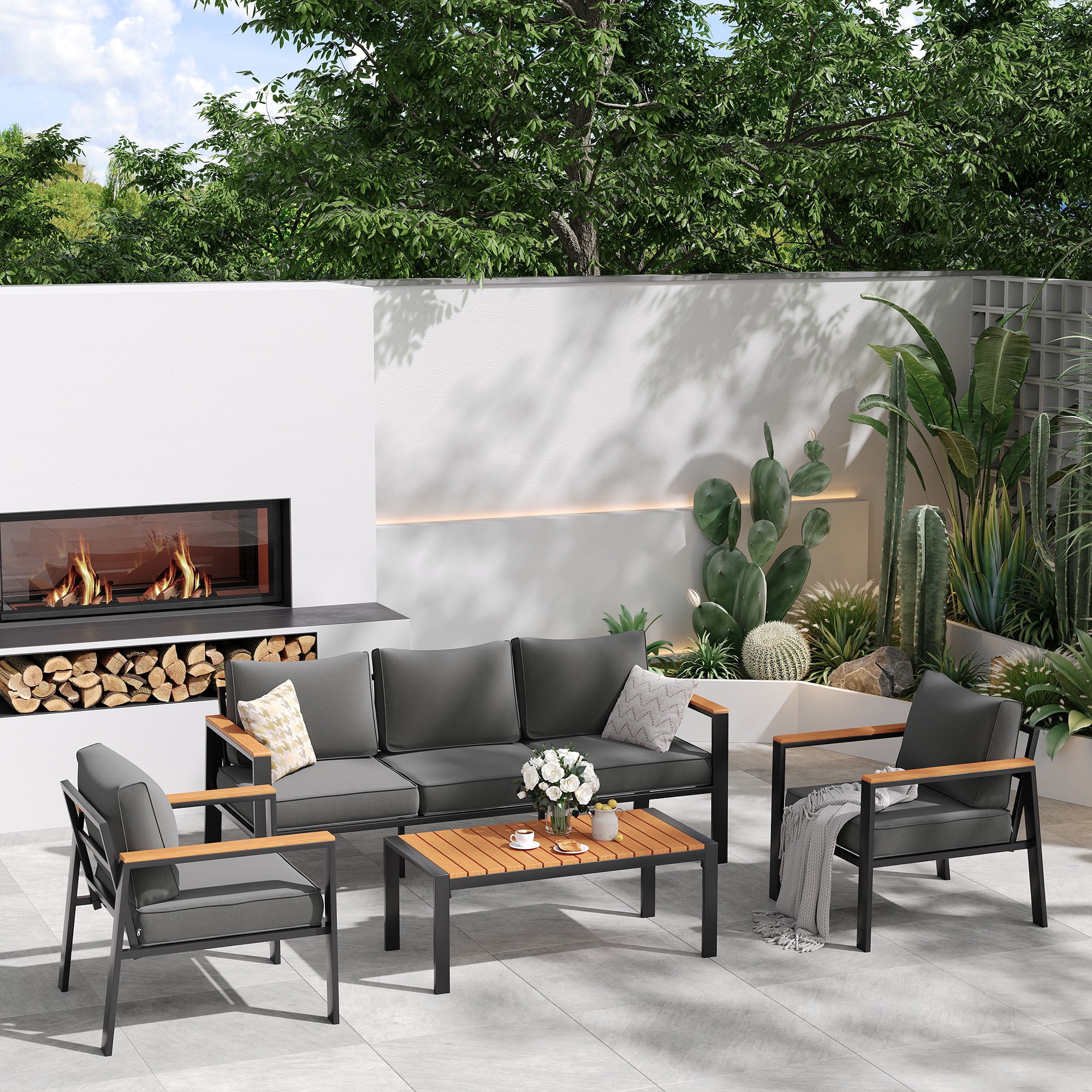 ELPOSUN Aluminum Patio Furniture Set, 6 Pieces Modern Patio Conversation Sets, Outdoor Sectional Metal Sofa with Coffee Table for Balcony, Garden, Dark Grey (Included Waterproof Covers)