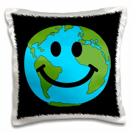 Eco Friendly Pillows 3dRose Happy World Planet Earth Smiley Face - Globe Earth day - Smilie for Peace Eco friendly green symbol - Pillow Case, 16 by 16-inch ()