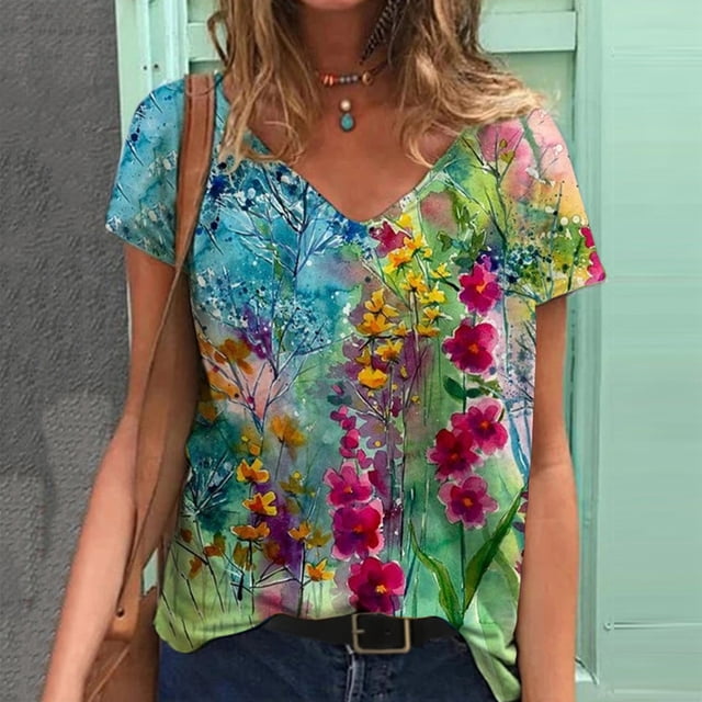Puntoco 2024 Tops de moda de verano para mujer, camisetas de talla grande para mujer, camisetas estampadas de manga corta con cuello en V, camiseta, blusa