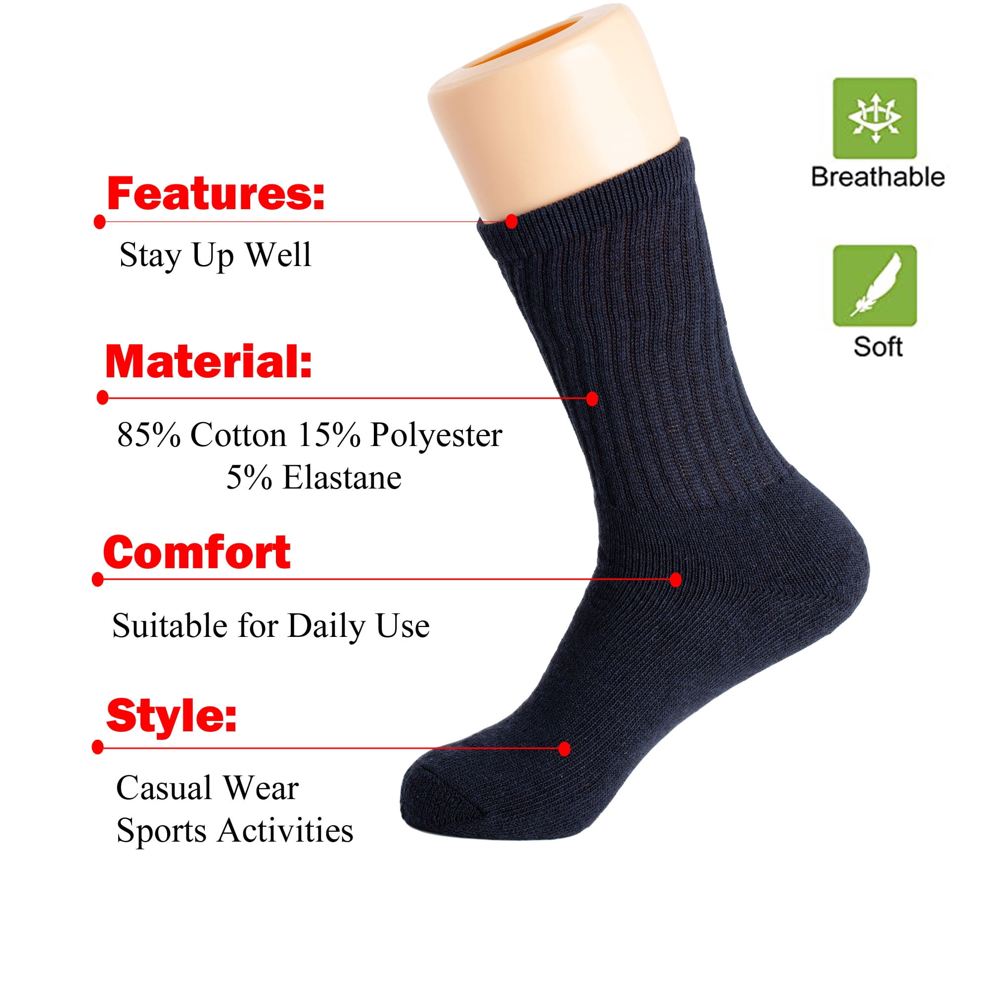 Solid Cotton Cushion Crew Socks for Women and Men Dark Navy 6