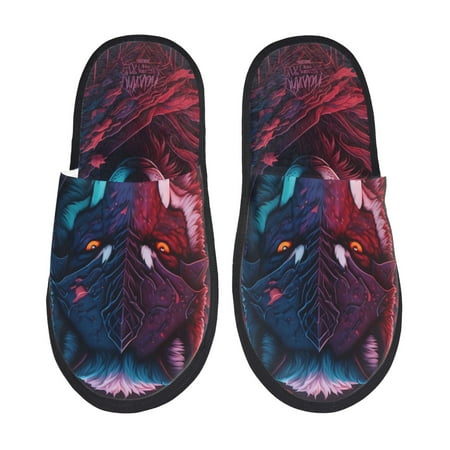 Balery Cool Wolf Head Slient Indoor Furry Fleece Comfort House Shoes Soft Non-Slip Home Shoes Cotton slippers House Slippers-- Medium