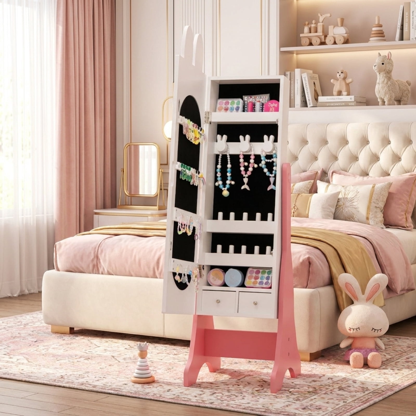 Furnibear Kids Vanity Table and Chair Set with Princess Dressing Table Jewelry Armoire and Mirror for Bedroom Pretend Play Makeup, White
