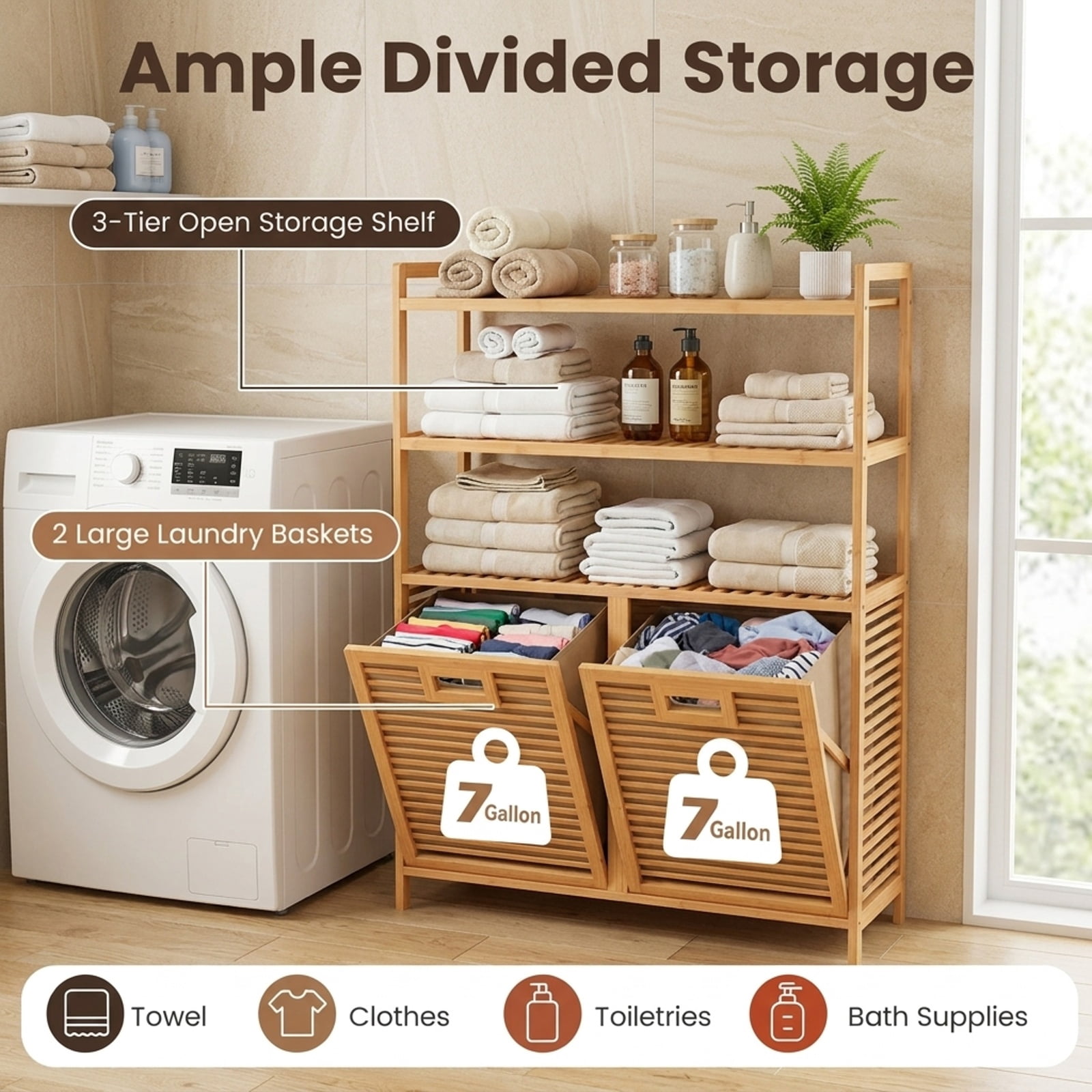 Vebreda Laundry Hamper with 2 Removable 7-Gallon Baskets, Double Tilt-Out Laundry Hamper Cabinet with 3 Open Shelves, Natural Bamboo