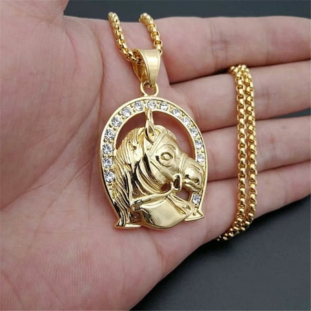 Jockey Club Horse Head Pendants Necklaces For Women/Men 14K Yellow Gold Horseshoe Iced Out Bling Hip Hop Jewelry
