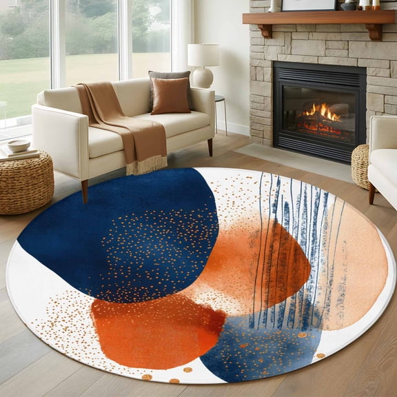 Round Rugs 6Ft, Navy Blue Burnt Orange Round Area Rug Washable Indoor Throw Carpet, Artwork Vintage Geometric Soft Non Slip Circle Rug for Office Cabinet Home Decor Aesthetic