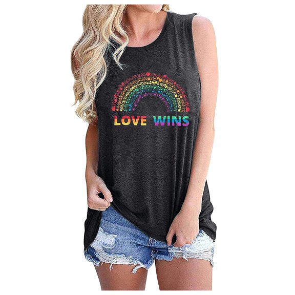 Fshinging 2026 Summer Fashion Tank Top for Women Rainbow Letter Graphic Color Block Sleeveless Going Out Camisole Black L