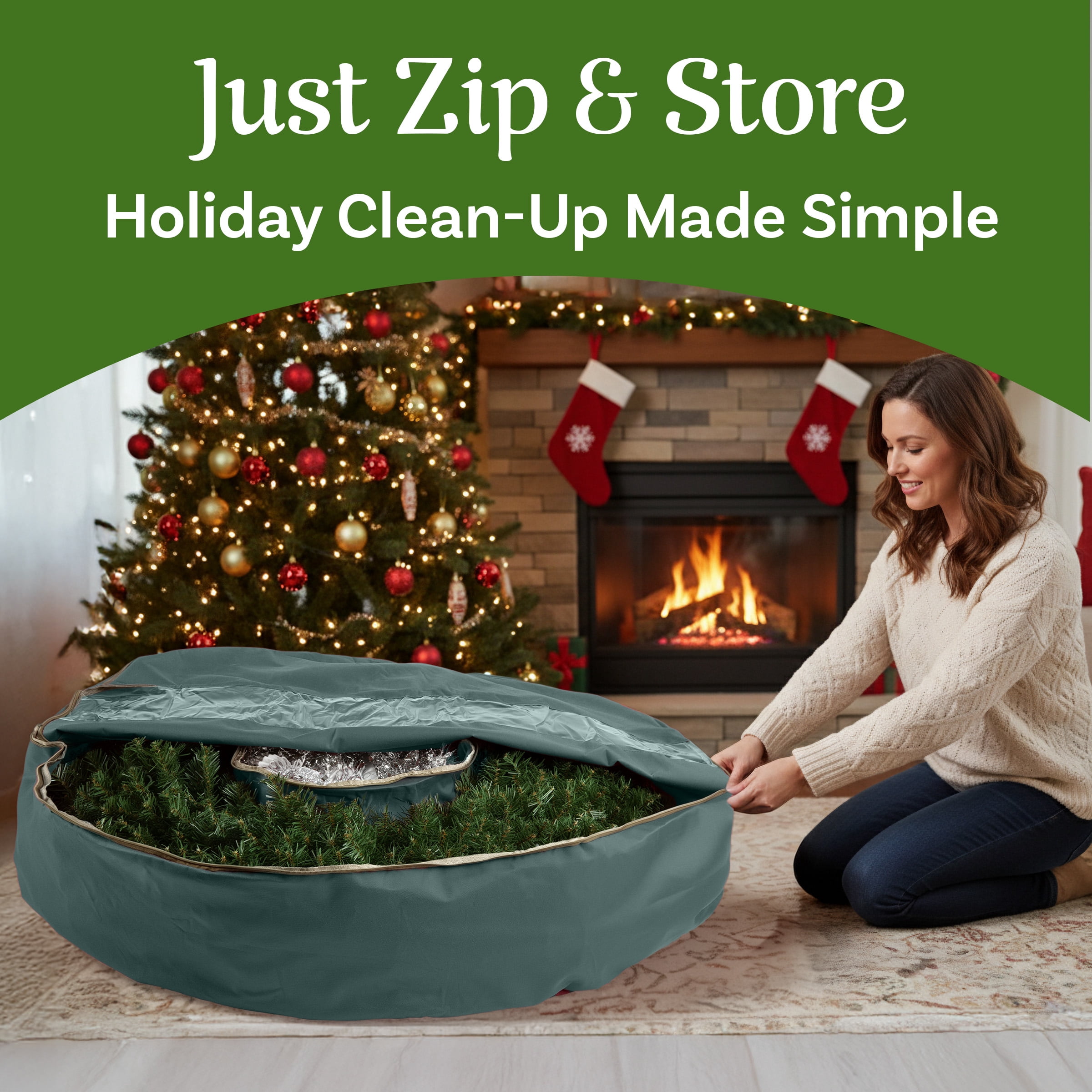 Elf Stor 48" Wreath Storage Container with Interior Compartment, Heavy-Duty Canvas Holder, Green