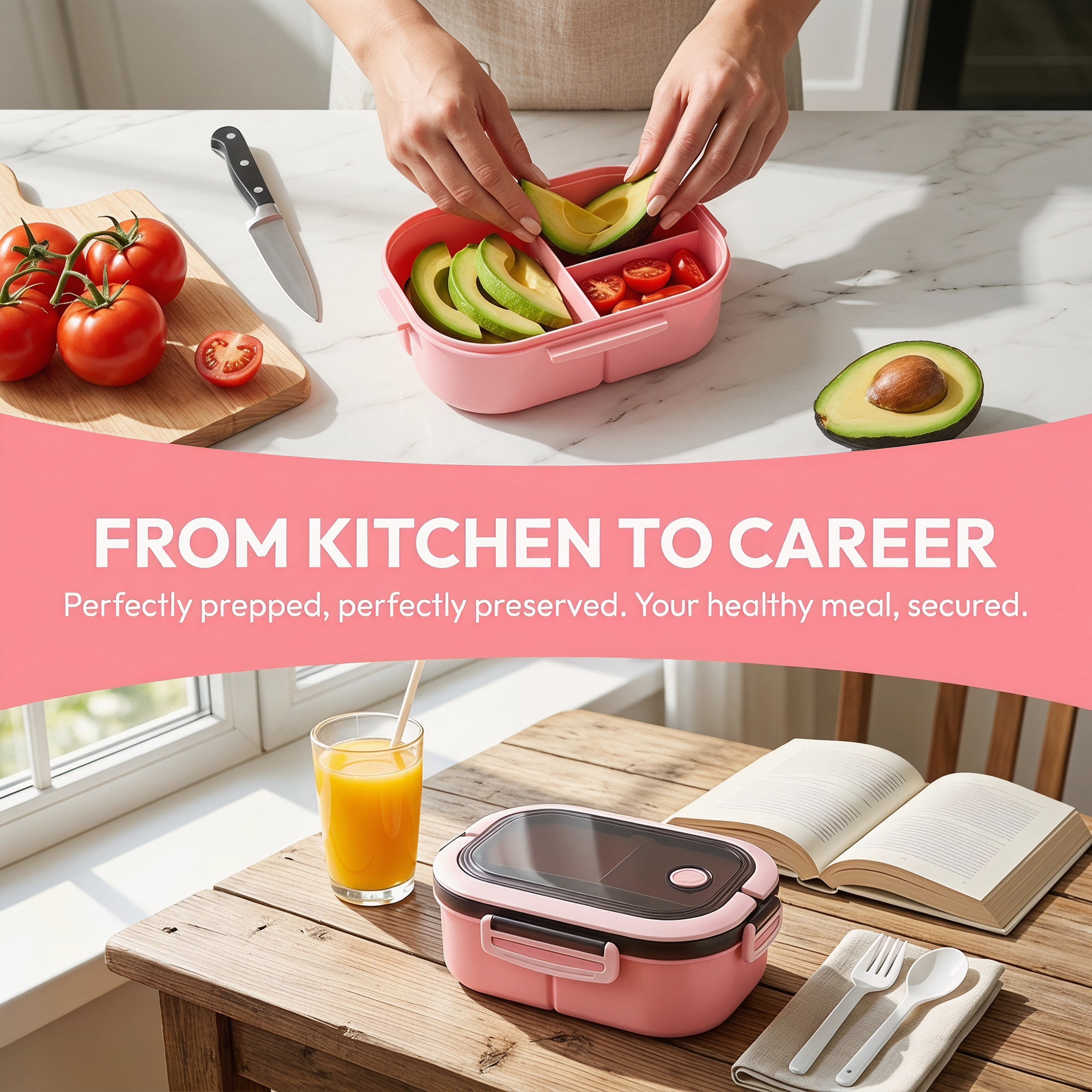 Unique Bargains Double-Layer Leak-Proof Meal Lunch Bento Box Pink