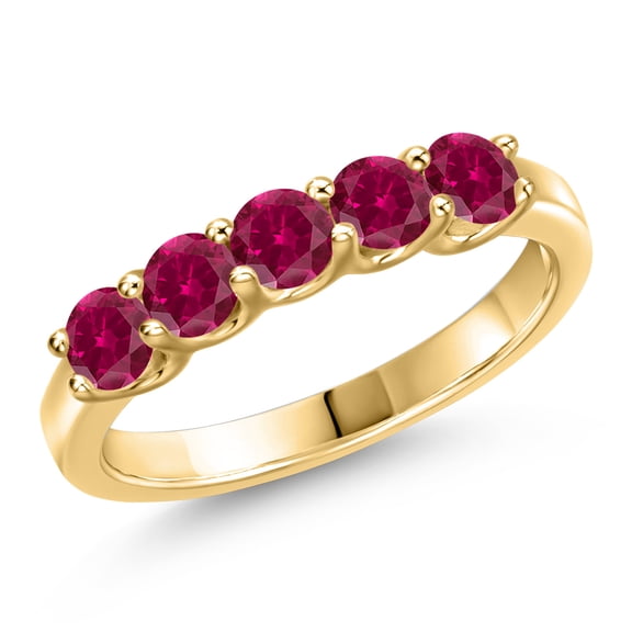 Gem Stone King 10K Yellow Gold Red Created Ruby Wedding-Bands Ring for Women | 1.25 Cttw | Round 3.5MM | Gemstone July Birthstone | Size 7