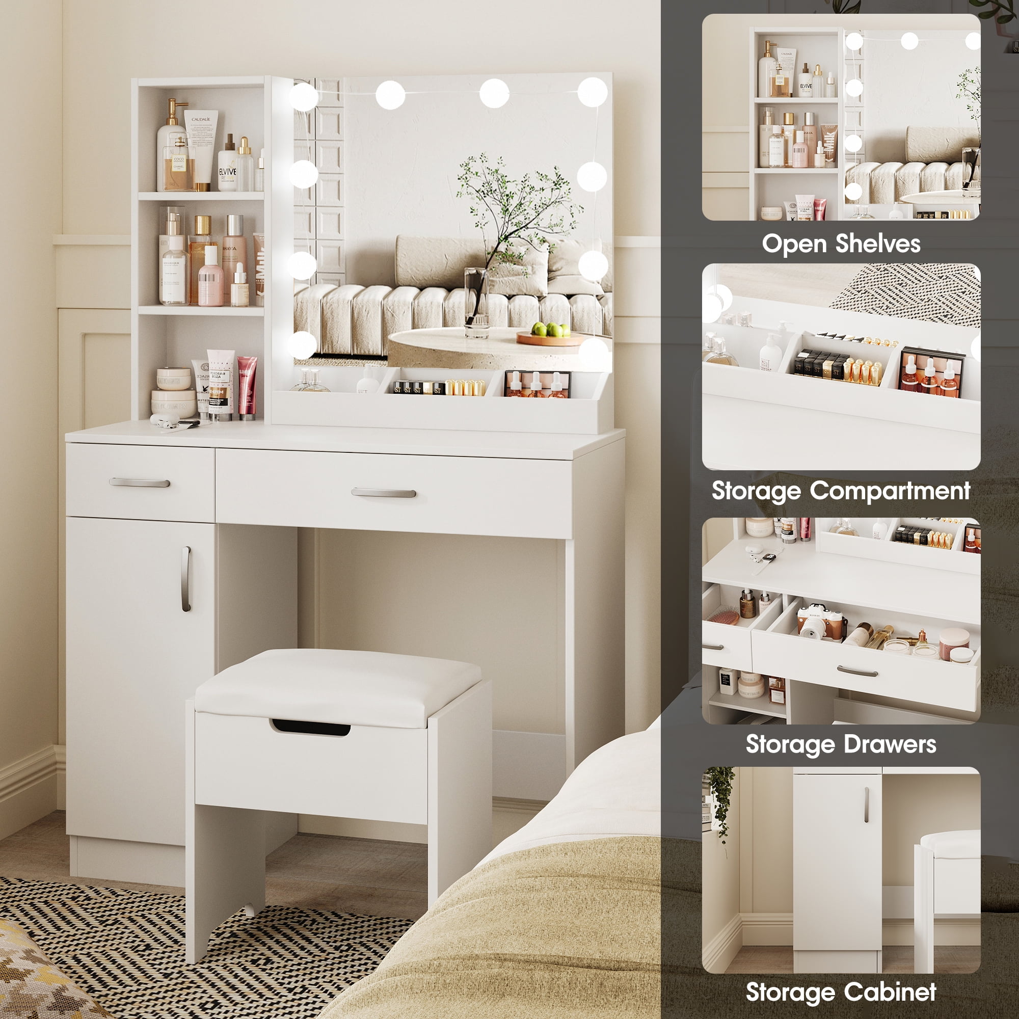 VEANERWOOD Vanity Desk Set with 3 Color Lighted Mirror, Makeup Table with Comfortable Cushioned Stool, Dressing Table Set with 3 Storage Compartments & Large Drawers, White