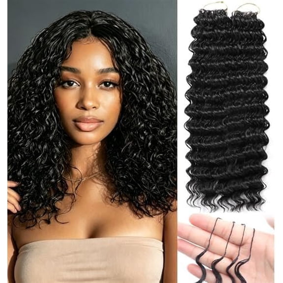 Black Deep Wave Tip Crochet Braids, 100 Strands Synthetic Pre-Looped Crochet Hair, Soft Curly Braiding Hair Extensions for Black Women (1B, 12 INCH)