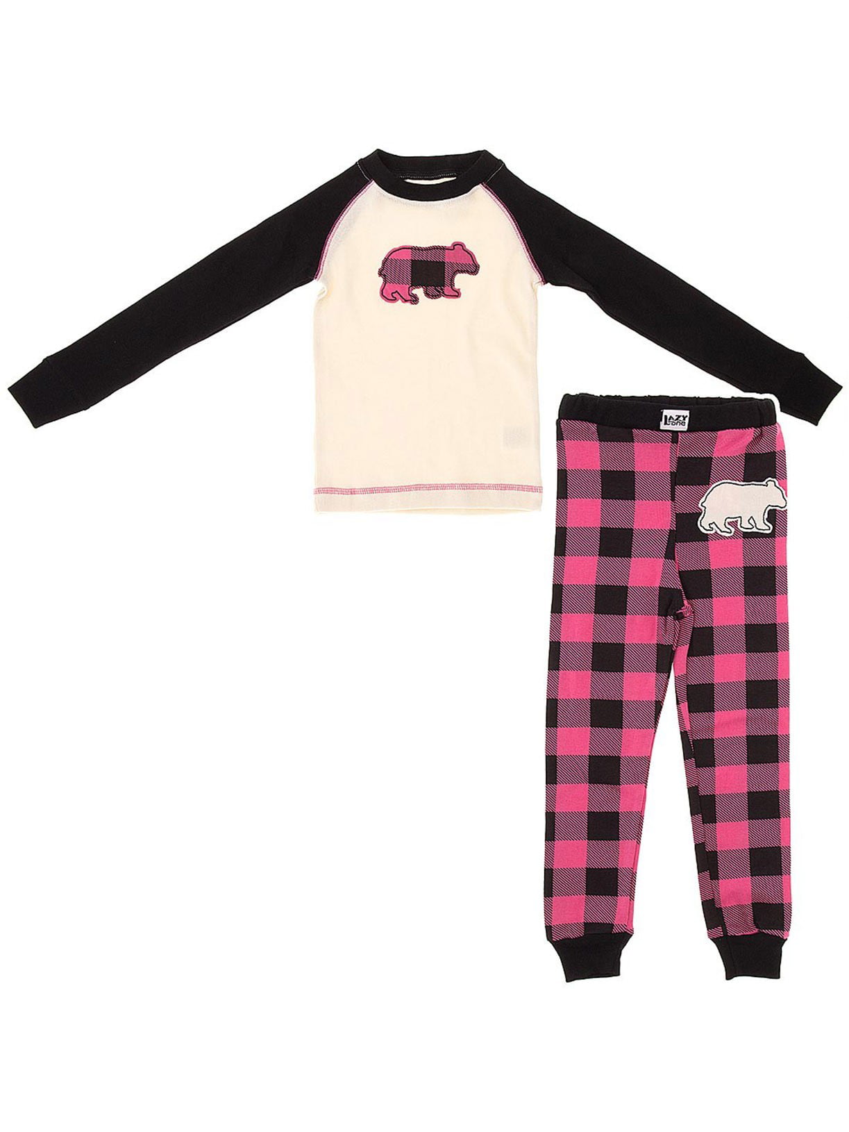 Lazy One Girls Pink Bear Plaid 100% Cotton Pajamas Snug Fit Pajama Set PJs 
