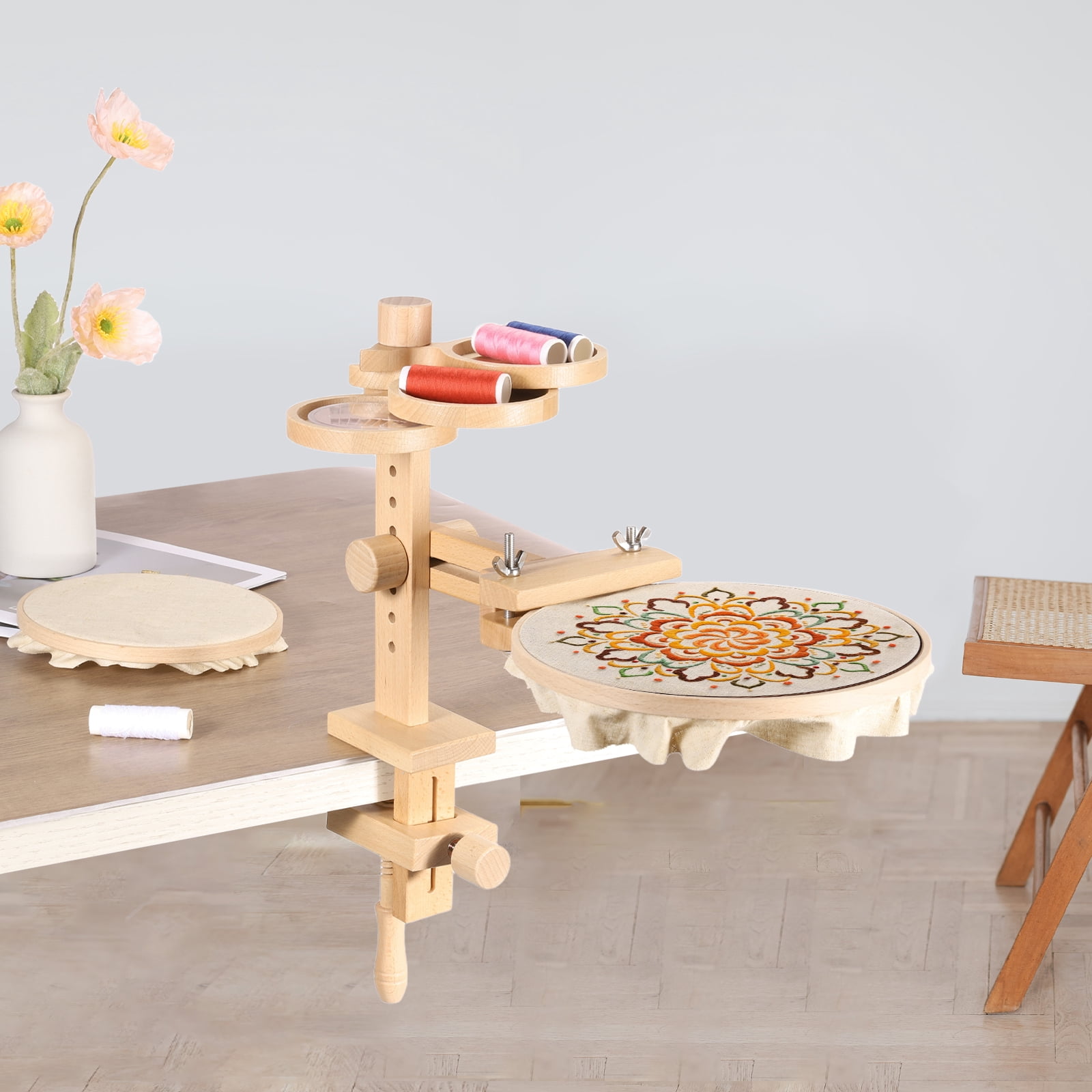 Uxcell Embroidery Hoop Stand, Adjustable Beech Wood Cross Stitch Holder with Storage Tray, with 6" Embroidery Hoop