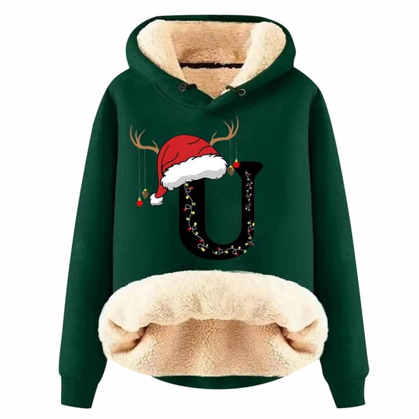 WILLBEST Sudadera de Mujer con Estampado de Letras Navideñas, Sudadera con Capucha de Lana Gruesa, Cálida para Invierno, Estilo Pullover XXXX-Grande