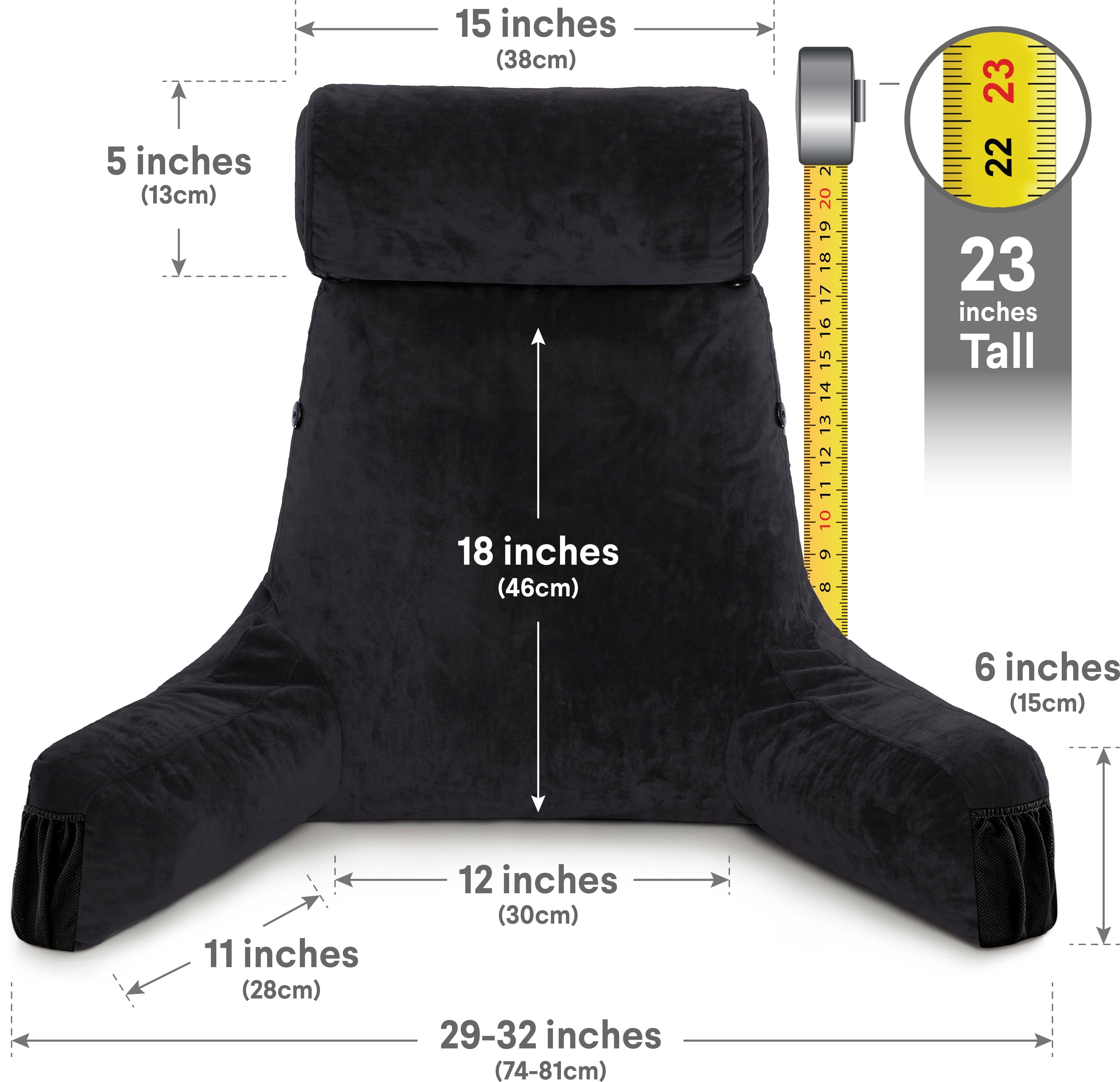 Husband Pillow Medium Black, Backrest for Kids, Teens, Petite Adults - Reading Pillows With Arms, Adjustable Loft, Plush Memory Foam, Bed Rest Chair for Sitting Up, Detach Neck Roll, Removable Cover