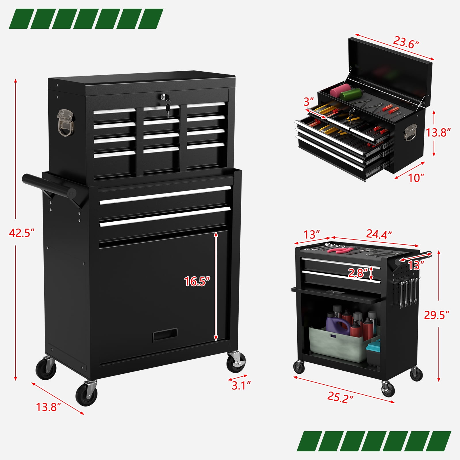 Odaof 8 Drawer Mechanic Tool Chest with Wheels Heavy Duty Rolling Tool Box Cabinet with Riser Sliding Drawers Keyed Locking System Top Detachable Toolbox Organizer for Workshop Cool Black
