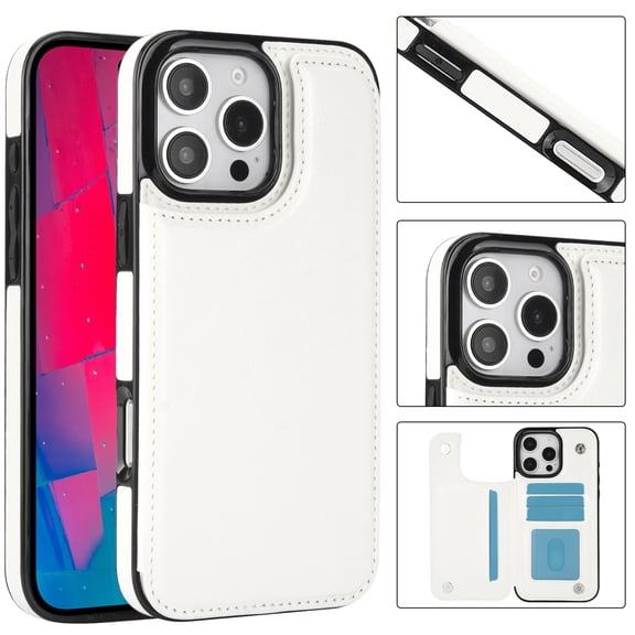 ShellTech for iPhone 14 Pro Slim PU Leather Wallet Case with Card Holder, PC TPU Hybrid Kickstand 4 Credit Card Slots Case, Double Magnetic Clasp and Durable Lightweight Shockproof,White