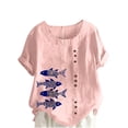thumbnail image 2 of Teissuly Women Casual Cotton And Linen Top Ocean Fish Printed Short Sleeve Button Tunic T-shirt Blouse Tops, 2 of 4