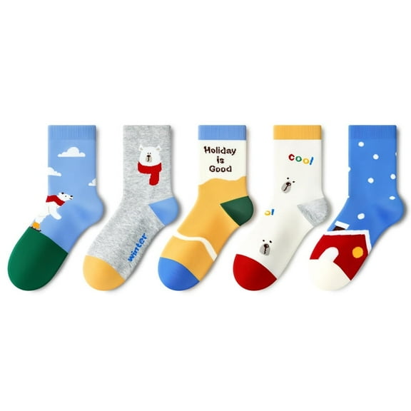 Beibi 5-Pair Pack Boys' Mid-Calf Socks Skiing Bear Design Suitable for Spring, Fall, and Winter For Ages 4-13 and Up