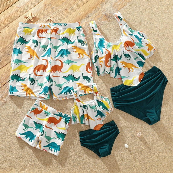 PatPat Family Matching Allover Dinosaur Print Swim Trunks and Ruffle Trim Two-piece Swimsuit