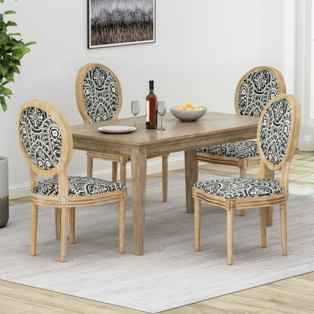 Noble House Karter French Country Fabric Dining Chairs Set of 4 Black White Pattern Natural