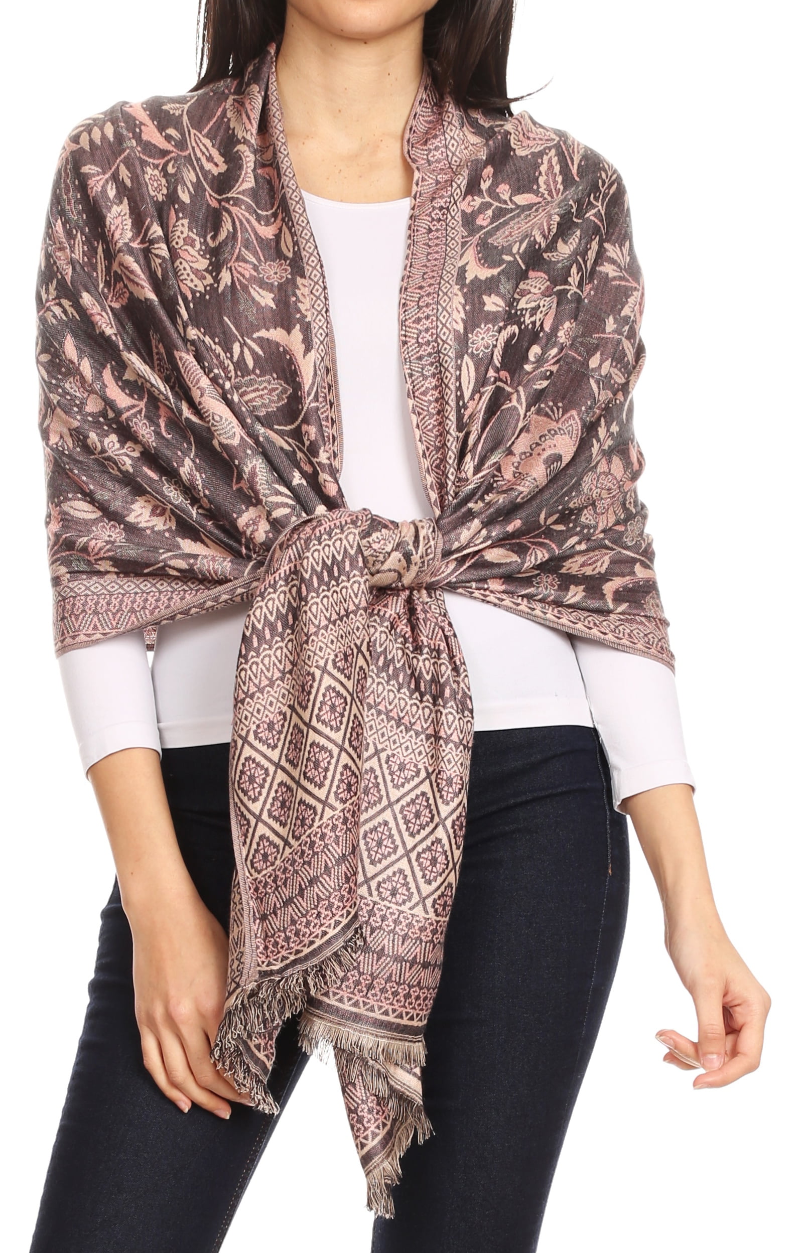 Anni Floral Pashmina Shawl Wraps Scarf Lightweight Silky Large 2 Tones Shawls and Wraps Scarves for Women