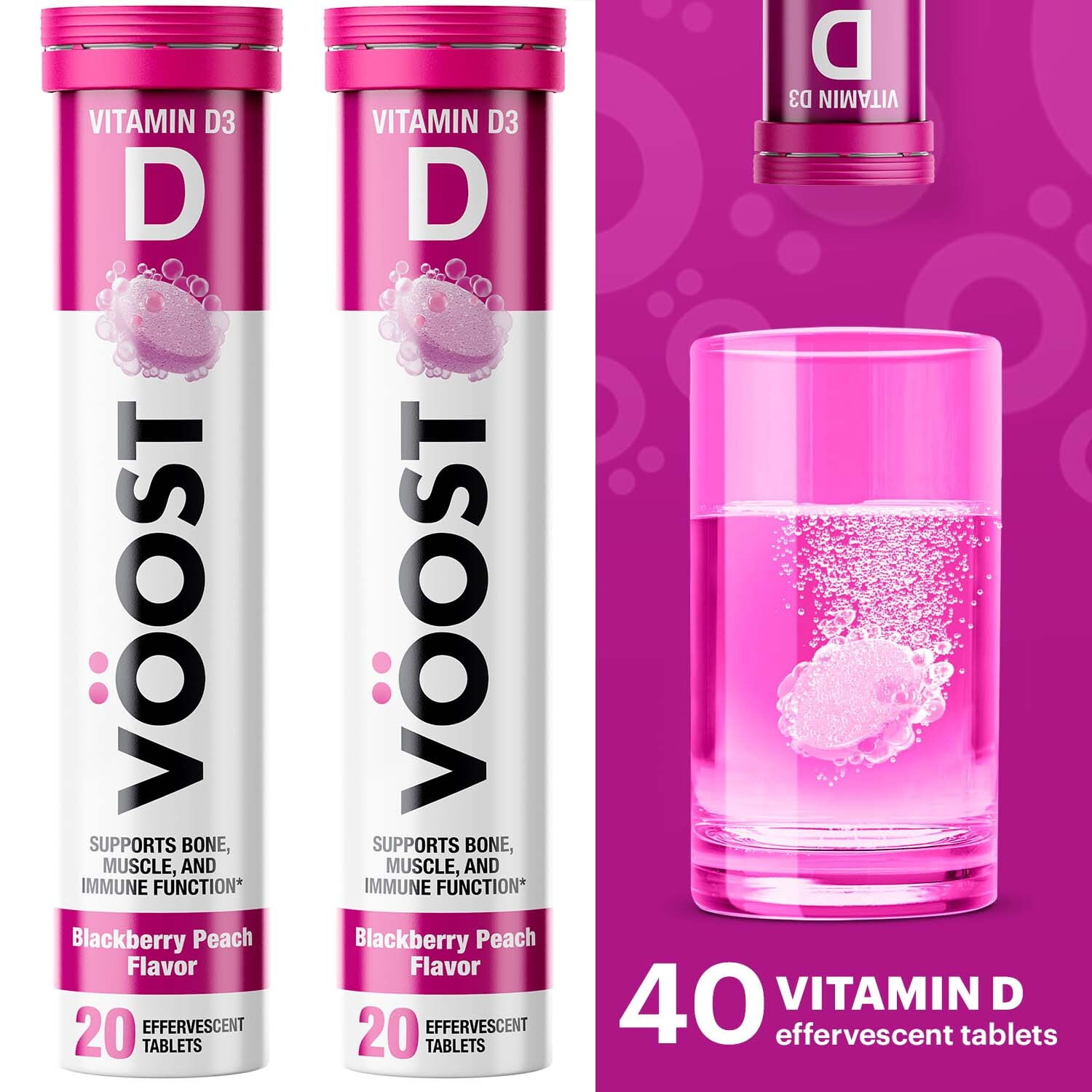Voost Vitamin D Effervescent Vitamin Drink Tablet, Blackberry Peach Flavor, 40 ct