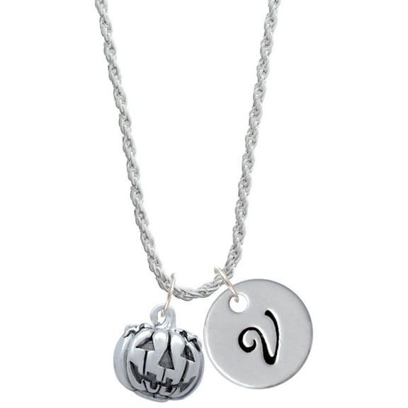 Delight Jewelry Silvertone 3-D Large Jack O' Lantern with Leaves Silvertone Script Initial Disc - V - Charm Necklace, 20" 3"