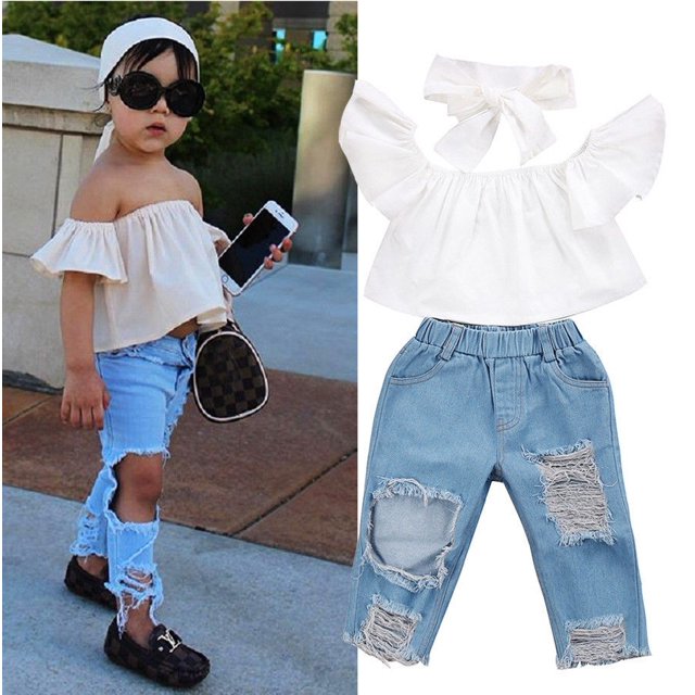 Fashion Toddler Kids Girls Off Shoulder Ruffle Vest Tops + Ripped Denim Pants Jeans + Headbands Outfits Clothes