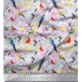 thumbnail image 1 of Soimoi Blue Japan Crepe Satin Fabric Floral,Parrot & Hummingbird Bird Print Fabric by The Yard 42 Inch Wide, 1 of 1
