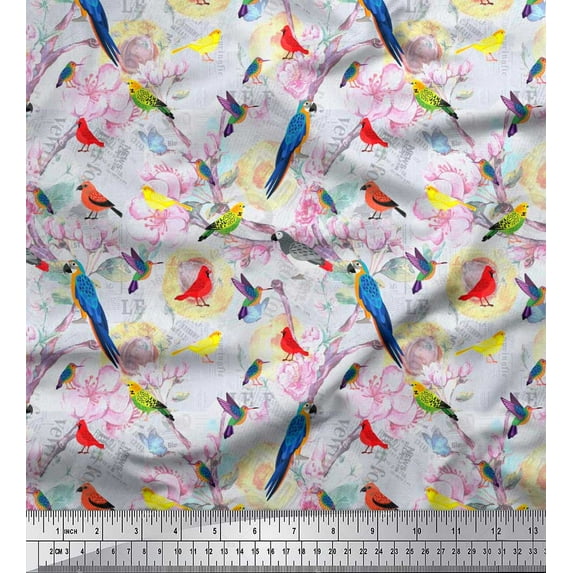 Soimoi Blue Japan Crepe Satin Fabric Floral,Parrot & Hummingbird Bird Print Fabric by The Yard 42 Inch Wide