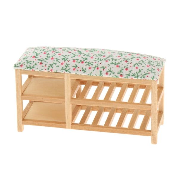 Banco de almacenamiento de zapatos en miniatura a escala 1/12 con cojín, modelo de simulación de juego, muebles para dormitorio, adornos para el hogar