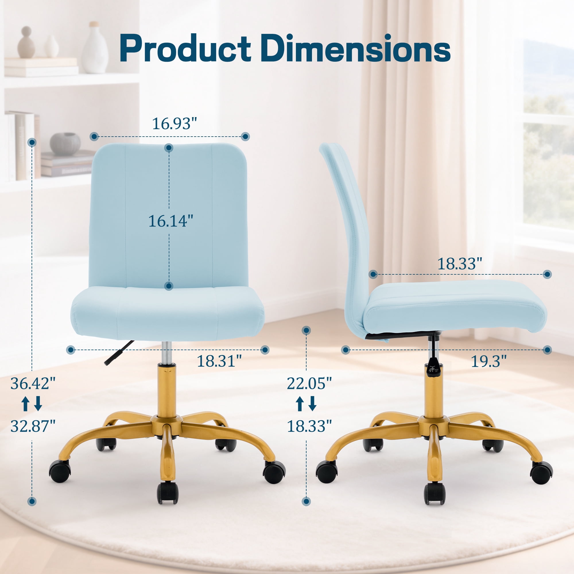 Korser Armless Home Office Desk Chair with Back Modern Vanity Chair with Adjustable Height,360° Swivel Task Chair,Velvet,Blue